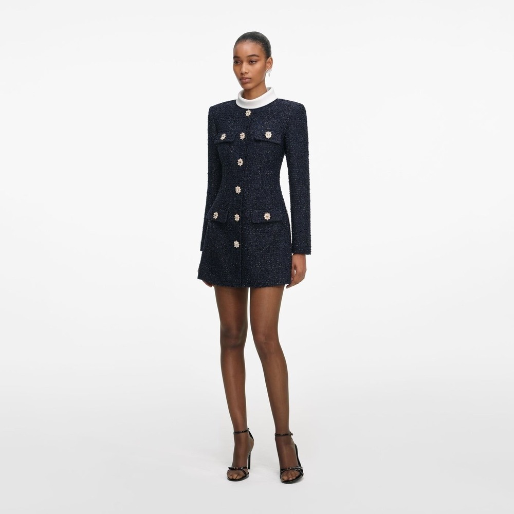 Self Portrait Navy Boucle Long Sleeve Mini Dress Pearl Buttons Size‎ US 6 NWT - Picture 10 of 10
